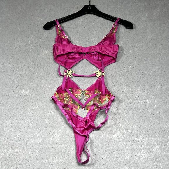 For Love & Lemons Lingerie Medium Teddy Pink Floral Cut Out Strappy Thong - Picture 6 of 11
